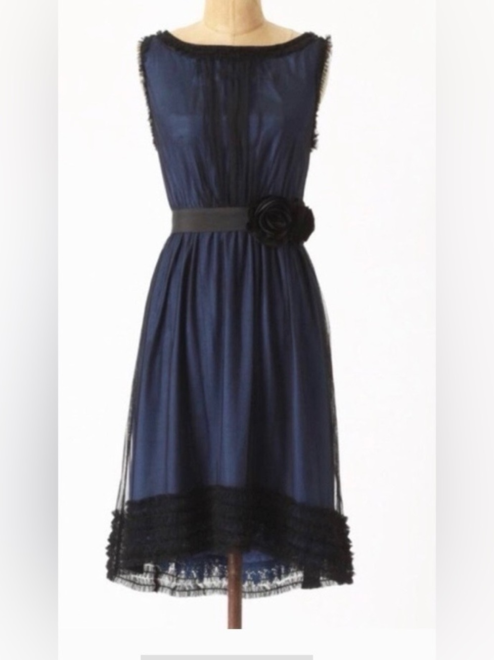 Anthropologie Moulinette Soeurs Blue Lace Trim Dress Black Mesh Gathered Overlay